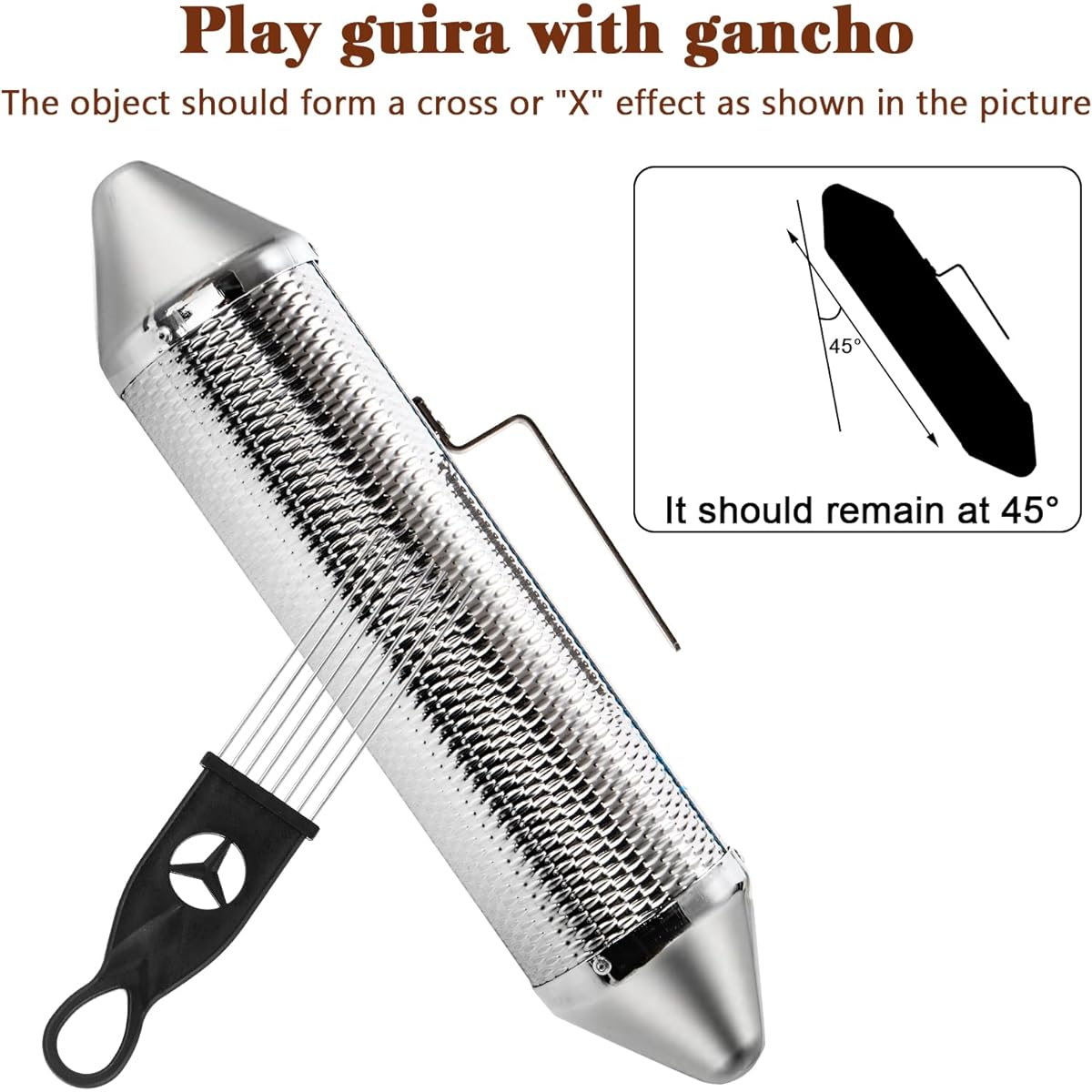 SOUJOY Guiro Musical Instrument Stainless Steel Guiro Shaker with 2 Scrapers 15" x 3" Latin Percussion Instrument Professional Band Accompaniment Sand Hammer for Musical Instrument Training