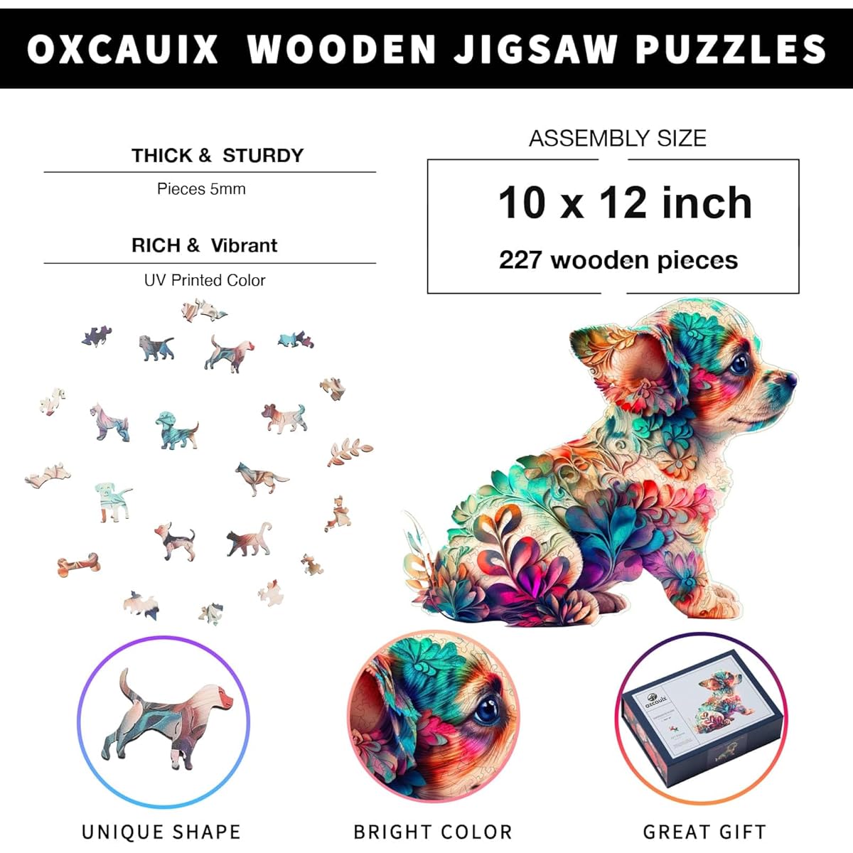 Oxcauix Wooden Jigsaw Puzzle for Adults 227 Pieces Cute Puppies Unique Animal Shape Wood Cut Puzzle 10"x12" Beautiful Gift Packaging