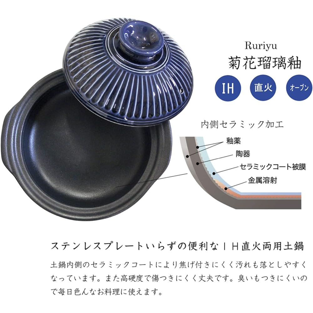 Ginpo Pottery Earthen Pot IH Compatible Open Fireable Kikuka Ruri No. 8 For 2-3 People Banko Ware Made in Japan 2080-1854