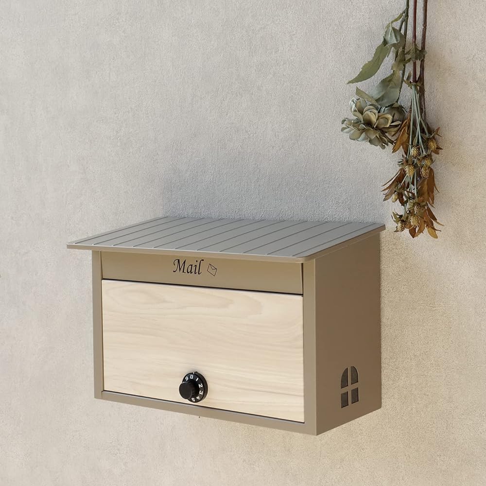 MOJYU Wall Hanging Post Lia Milk Tea Beige/White Wood Grain WM-102 Post Mail Box Stylish Mailbox Delivery Box Scandinavian Style with Lock Wall Hanging Entrance Home Use