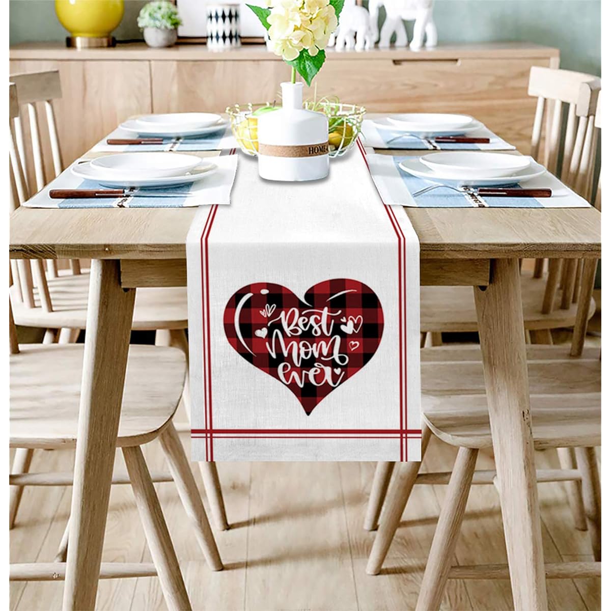 EZON-CH Burlap Table Runner Decorative Happy Mother's Day Best Mom Ever Heart Shaped Table Runner Rectangle Non-Slip Table Runner for Farmhouse Wedding Party Holiday Dinner Home 13x90inch