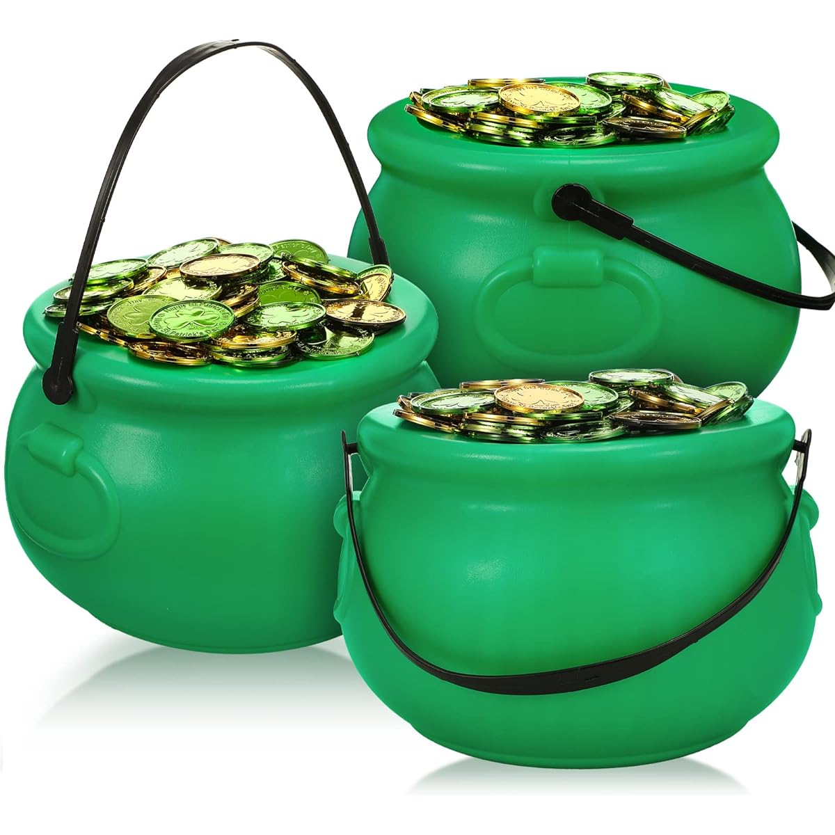 St. Patrick's Day 8" Green Cauldron Kettle 3 Shamrock Green Gold Coin Plastic Cauldron Pot Gold Leprechaun Clover Plastic Coin St. Patrick's Day Theme Party Decorations Supplies