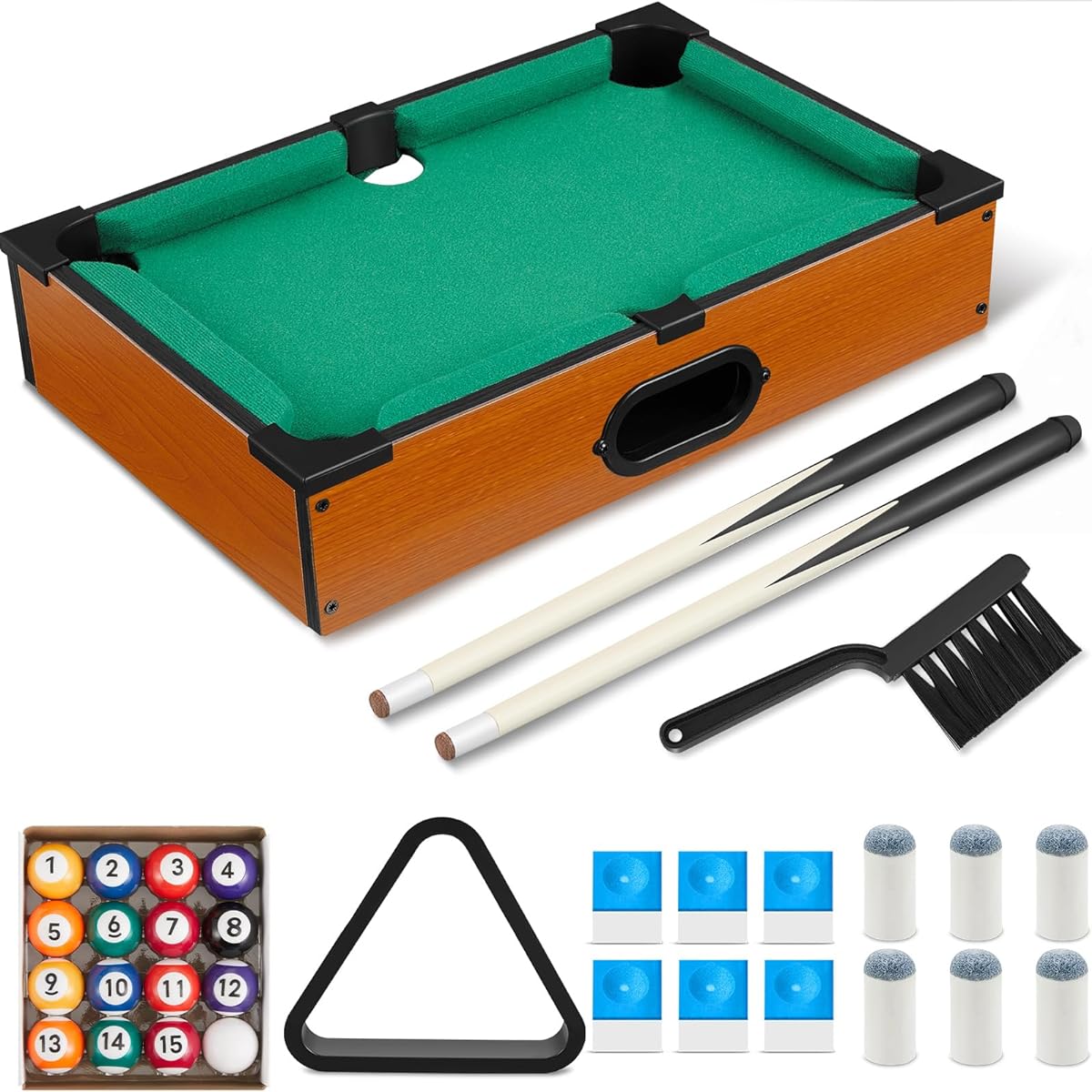 Shappy Mini Pool Table and Billiards Set, Little Cat Billiards Game with 16 Balls, 2 Billiard Sticks, 6 Chalk Cubes, 6 Pool Cue Tips, 1 Brush, Triangle Tabletop Portable Billiards for Home Office Desk Game