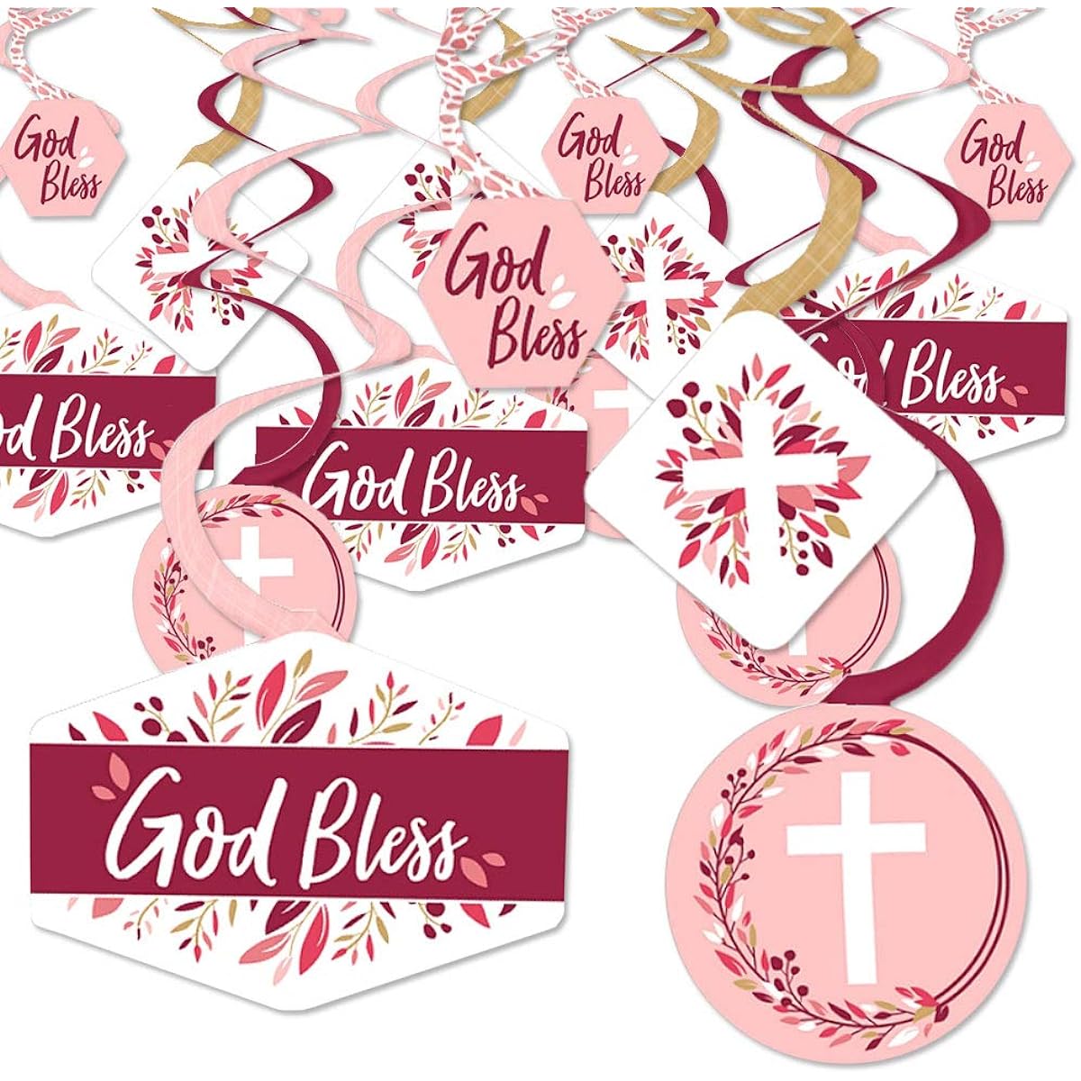 Big Dot of Happiness Pink Elegant Cross Girls Religious Party Hanging Decoration Party Decorations Swirls Set of 40