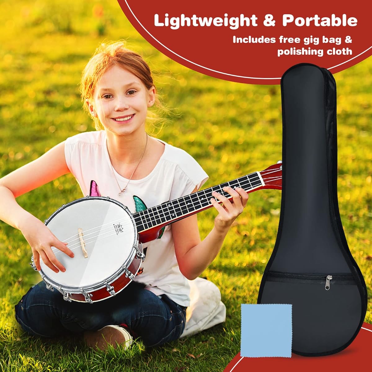 Costzon 4 String Banjo Concert 24" Closed Solid Back Banjo Ukulele with Gig Bag Polish Clothes Travel Resonant Banjole Kit for Kids & Adults Beginners and Experienced Players Sapele Wood