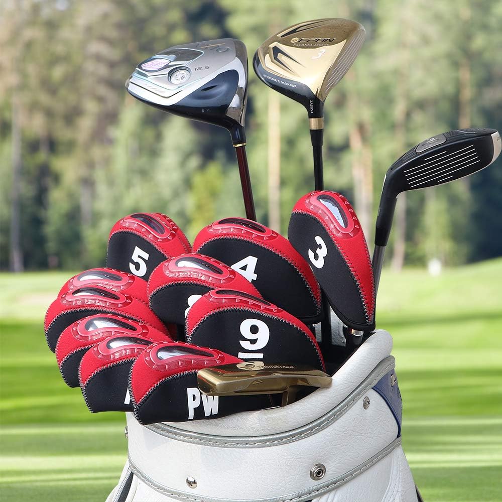 Golf iron cover, head cover, window type, number visible, 11 pieces (3-9, PW, AW, SW, LW), sold as a set, made of neoprene, 5 colors (orange & black/green & black/gray & white/red & black/black )