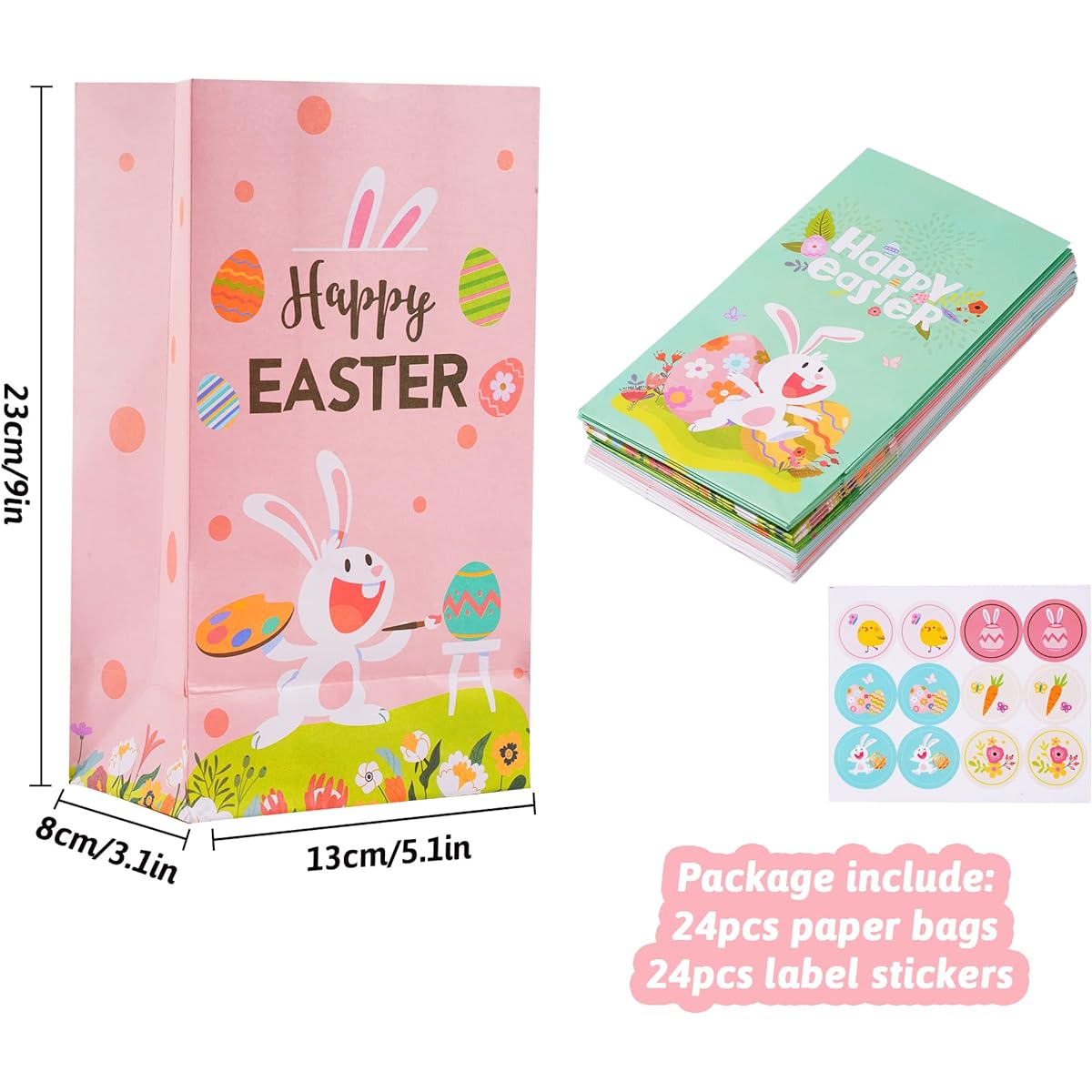 SCIONE 24pcs Easter Basket Stuffers for Kids Easter Goodie Paper Bags Treat Bags Bulk stcikes Easter Gifts Party Favors Holiday Spring Party Supplies