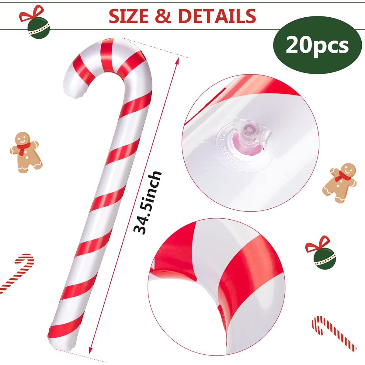 Vinsot 20pcs Inflatable Candy Canes Christmas Decorations Jumbo Balloons for Outdoor Holiday Yard Wooden Cane Home Lawn Christmas Party Toys 35inch White Red