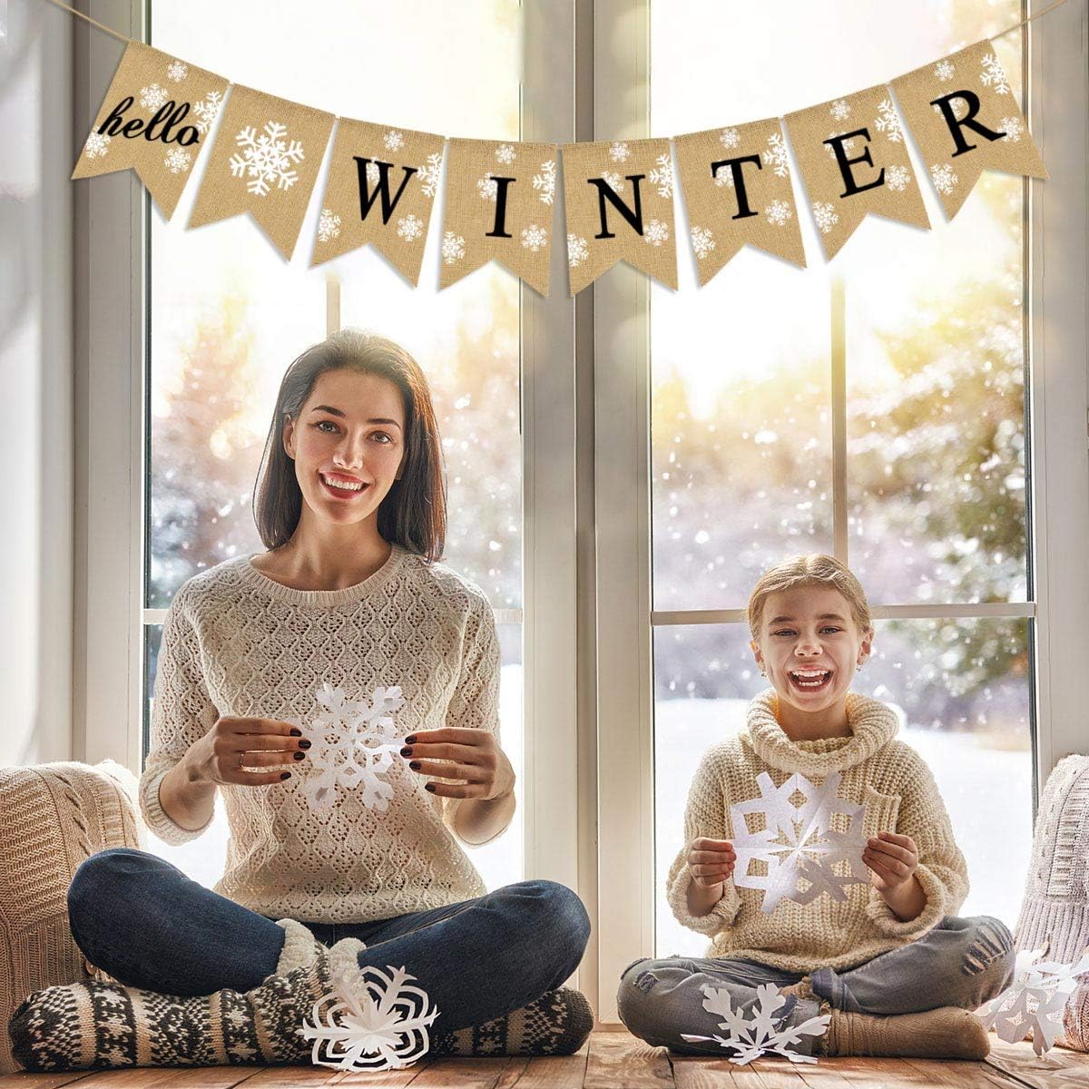 Rainlemon Jute Burlap Hello Winter Banner Snowflake Christmas Holiday Mantel Fireplace Flag Decoration
