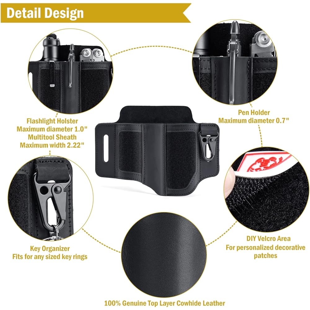 VIPERADE PL3 Multitool Sheath, Leather Sheath with DIY Patch Area, EDC Pocket Organizer for Men, Leatherman Sheath with Pen Holder Flashlight Holder, EDC Belt Organizer with Keychain