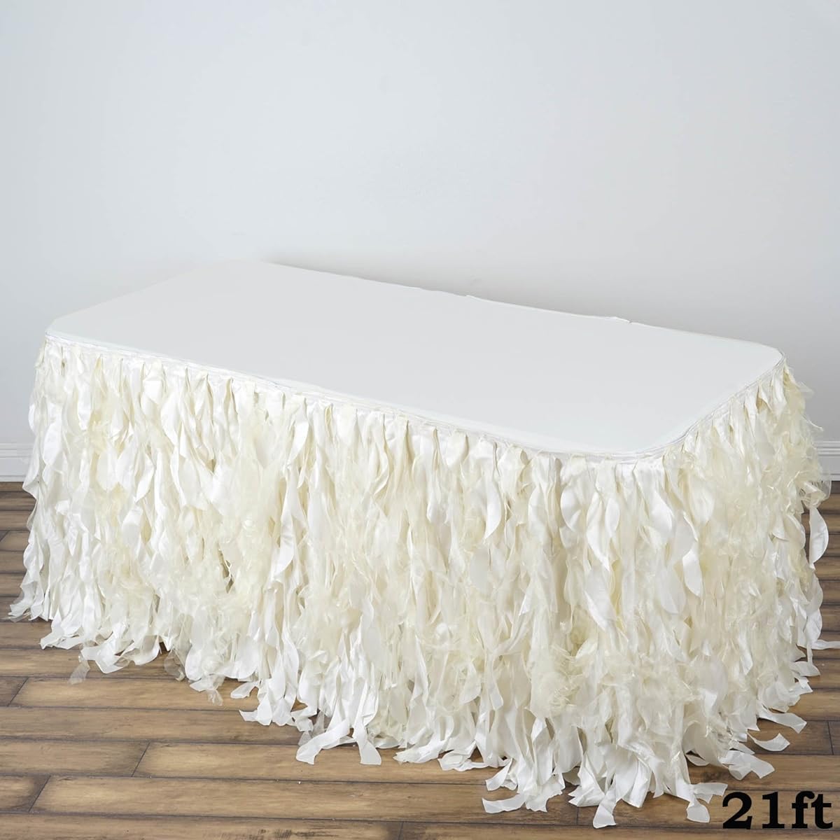 TABLECLOTHSFACTORY 21' Fascinating Curly Willow Taffeta Table Skirt in Ivory