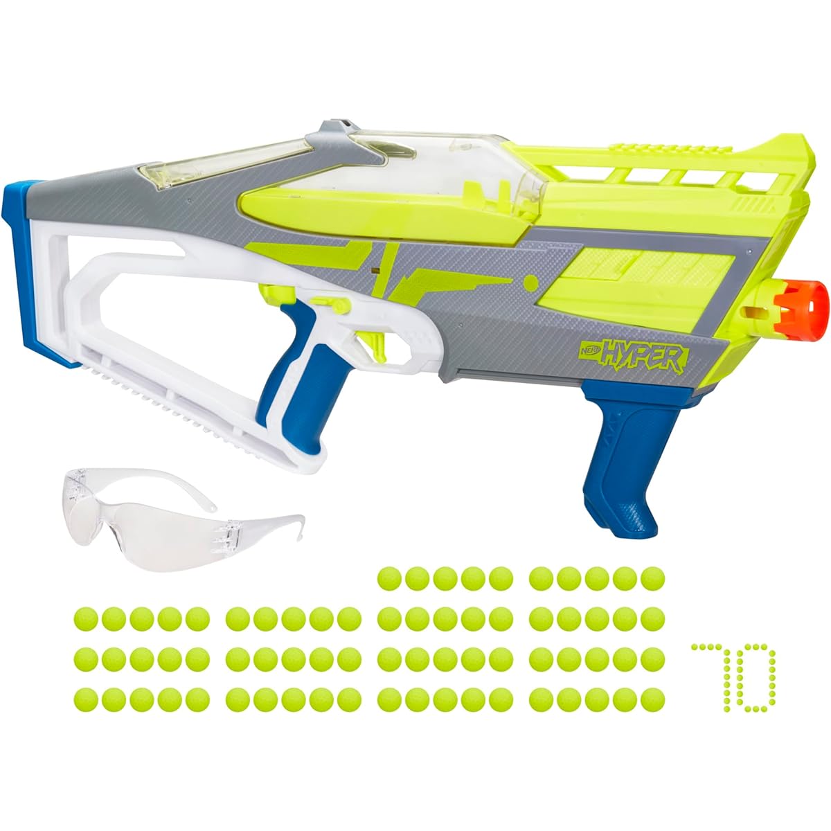 NERF Hyper Evolve-100 Blaster, 70 Hyper Rounds, Spring Opening, Instant Reload Hopper, Max Speed 110FPS, Eyewear Included