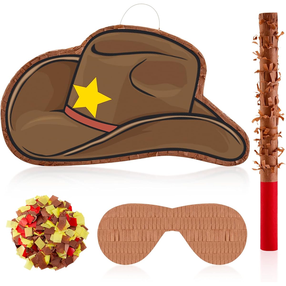 15.7" Western Cowboy Hat Pinata Western Cowboy Party Favors Cowboy Theme Birthday Party Decorations with Blindfold Stick and Confetti Photo Props Candy Holder Party Supplies