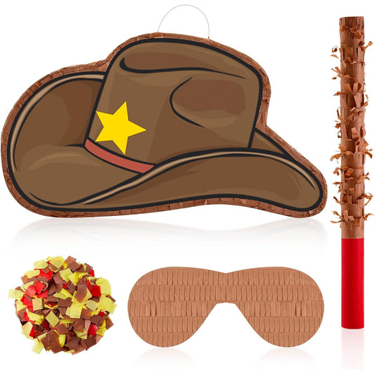 15.7" Western Cowboy Hat Pinata Western Cowboy Party Favors Cowboy Theme Birthday Party Decorations with Blindfold Stick and Confetti Photo Props Candy Holder Party Supplies