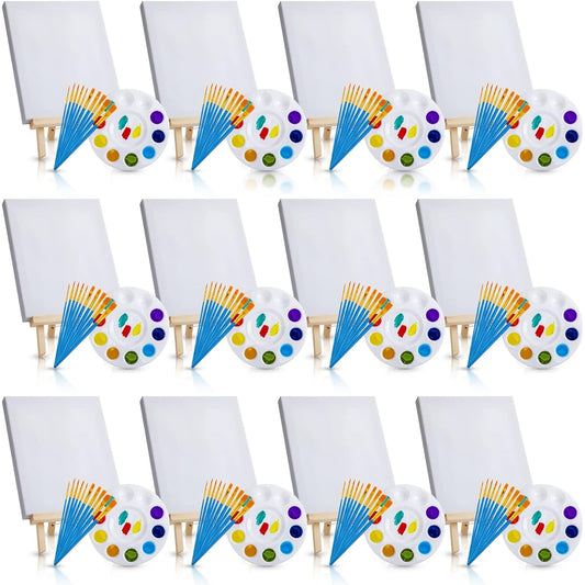 156 Piece Art Painting Set with 12 Wooden Easels, 12 Cotton Panels, 12 Plastic Palettes, 120 Paint Brushes for Kids, Adults, Teenagers, Pouring Oil, Watercolor Paints, DIY Party Supplies