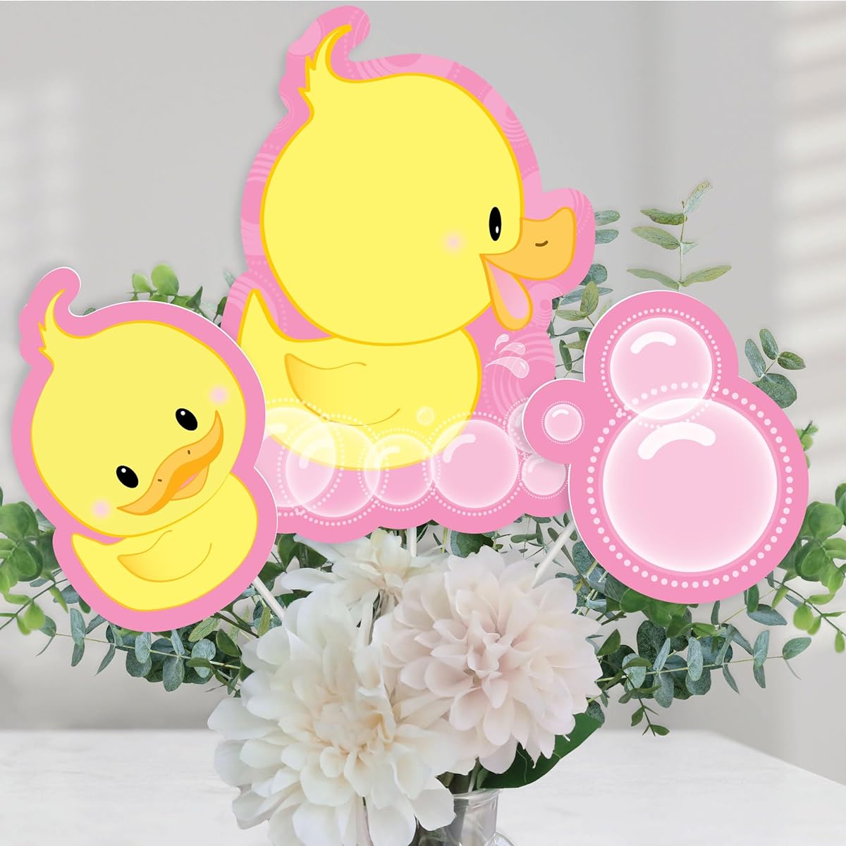 Pink Ducky Duck Baby Shower or Birthday Party Centerpiece Stick Table Topper Set of 15