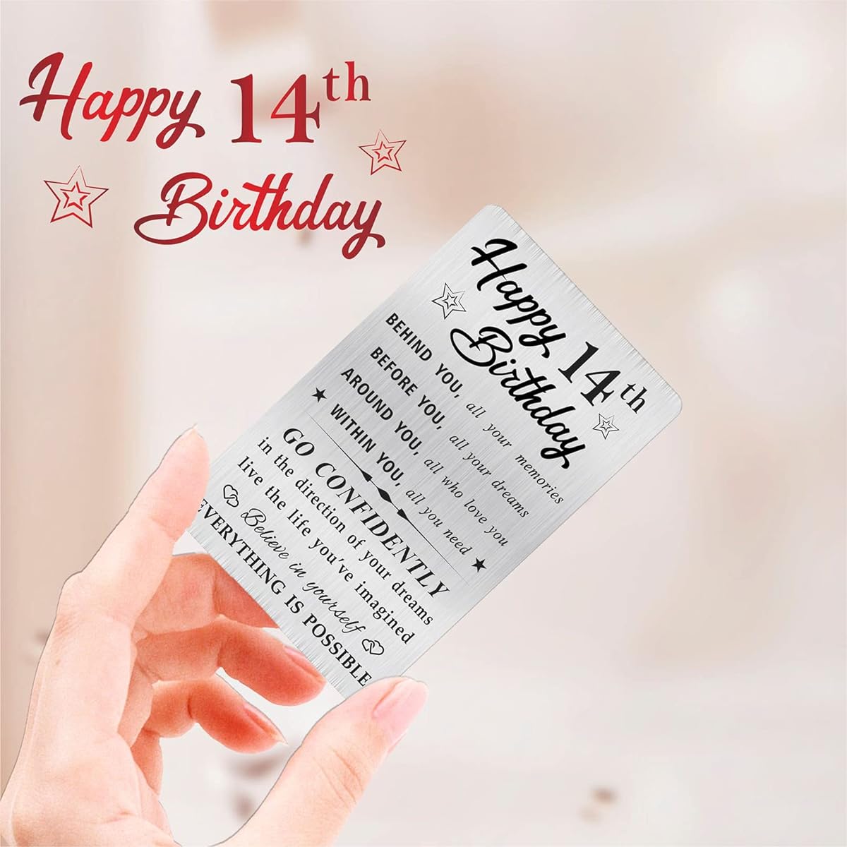 MOQIYXL Happy 14th Birthday Cards for Boys and Girls, Small Engraved Wallet Cards for 14th Birthday Gifts
