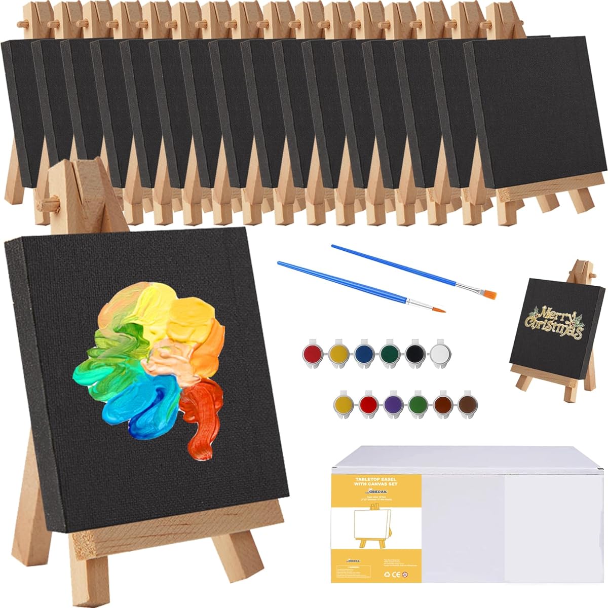 Gredak Black Mini Canvas for Painting with Easel Set 18.3 x 3 Inch, 18 Pieces Black Mini Canvas, 5 Inch Mini Easel, Acrylic Paints and Brushes, Black Small Canvas for Adults, Kids, Art Supplies