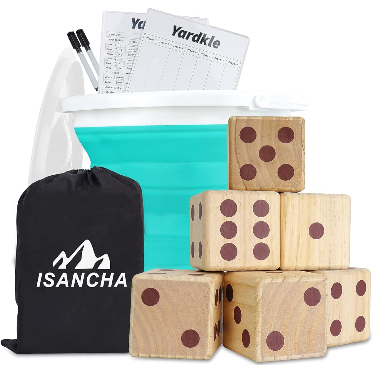 ISANCHA Yard Yahtzee Game with Jumbo Bucket (Green or Grey Sports Indoor/Outdoor Game for Kids and Adults (Green)
