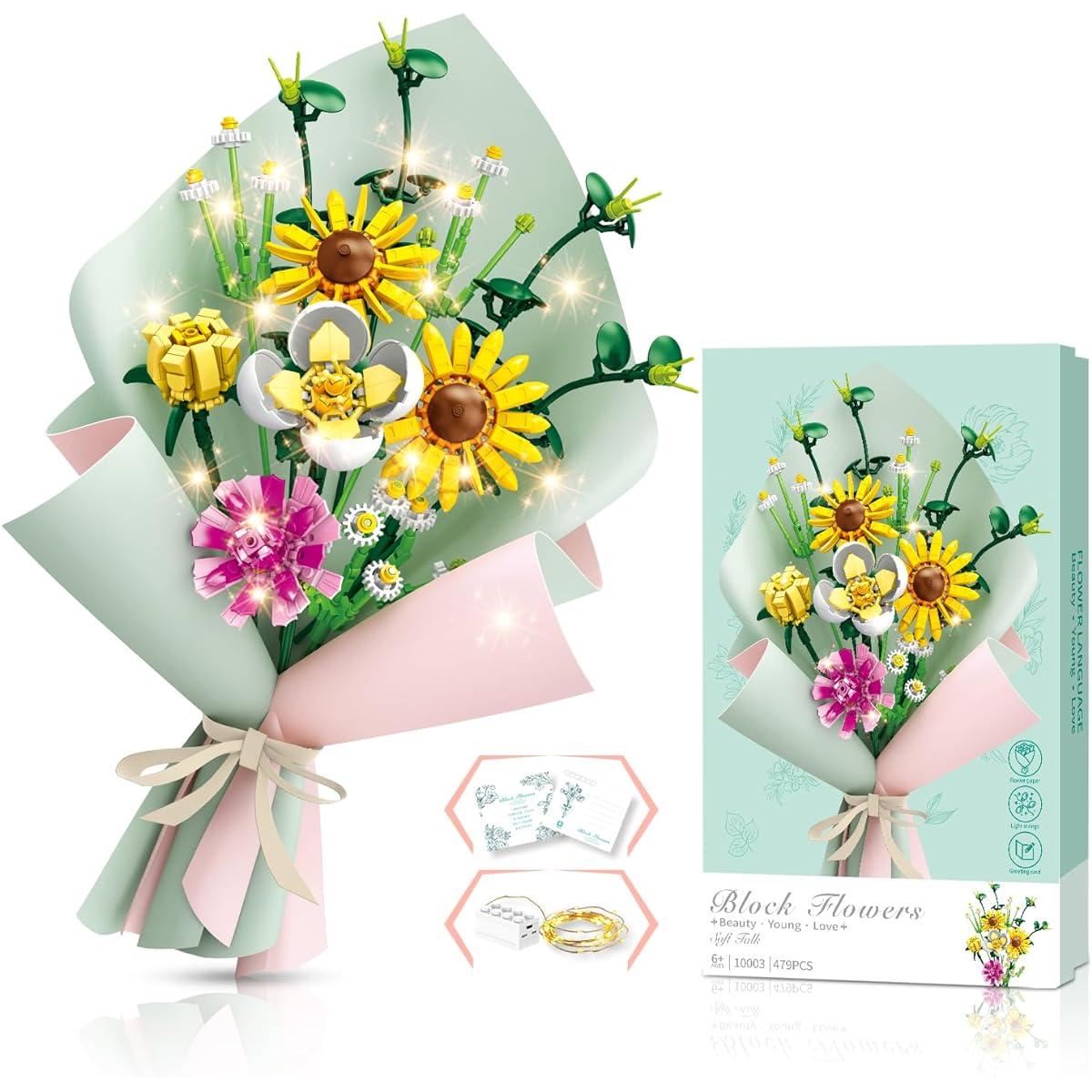 KEAOOD Flower Bouquet Building Blocks Set, 12pcs Artificial Flowers Building Toys Botanical Collection for Adults Women Kids Girls Office Home Decoration Birthday Valentine's Mother's Day Gift