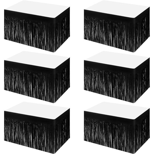 6 Pack 29x108 Inch Metallic Foil Fringe Table Skirts for Rectangular Tables, Tinsel Disposable Table Skirts for Wedding Birthday Party Event Decoration (Black)