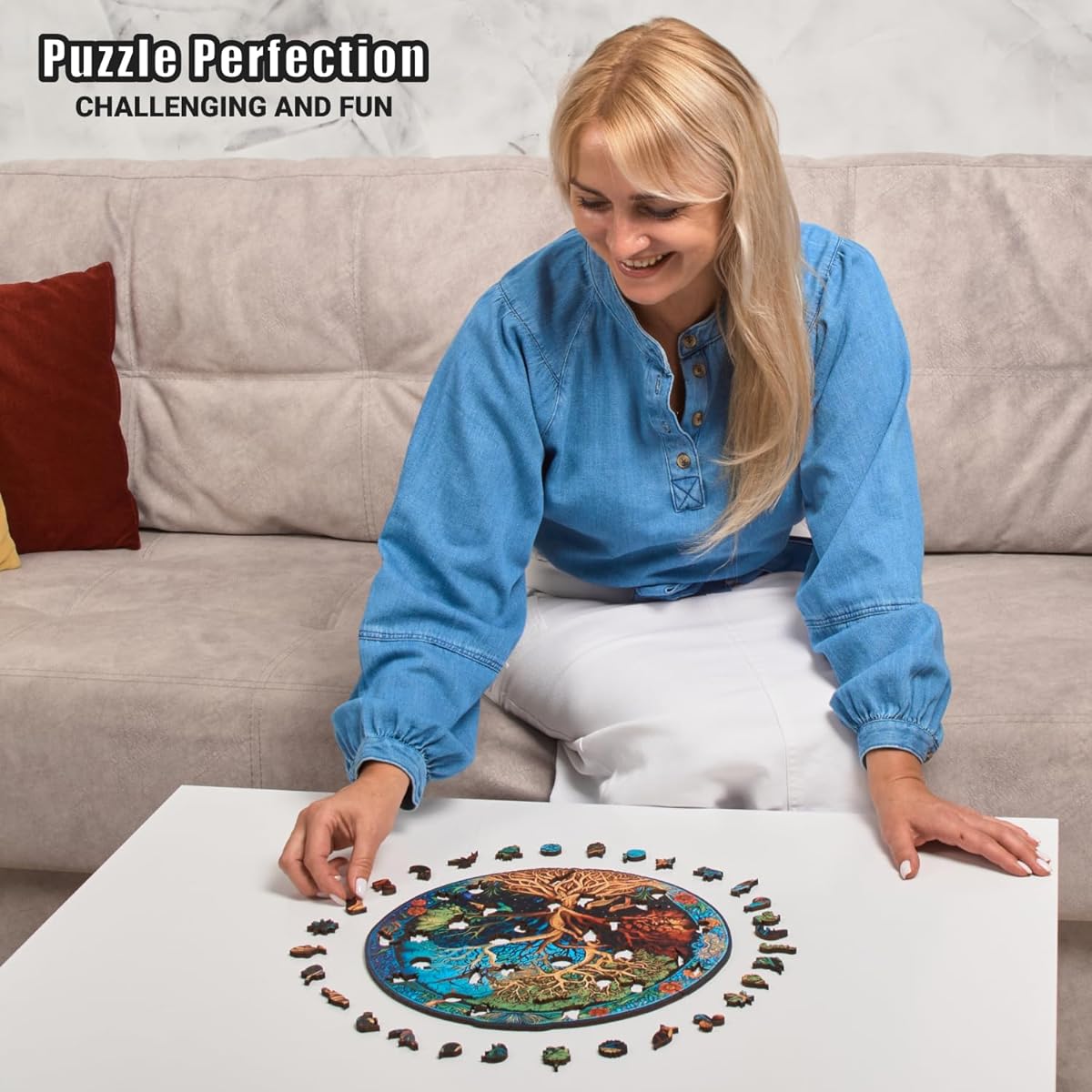 LEOGOR Tree of Life Puzzle 200 Piece - Wooden Jigsaw Puzzle for Adults and Kids with Whimsical Animal Shape Pieces - 11 x 12 Inch Mosaic Wood Cut - Gift of Magic Comes in a Box for Challenging Fun