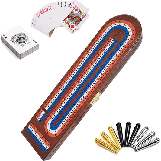 TUAHOO Cribbage Board Game Set | Traditional Wooden Board Game | Table Game for Kids Adults Family Party - 9 Metal Pegs, Playing Card Deck, 3 Tracks in a Row Board