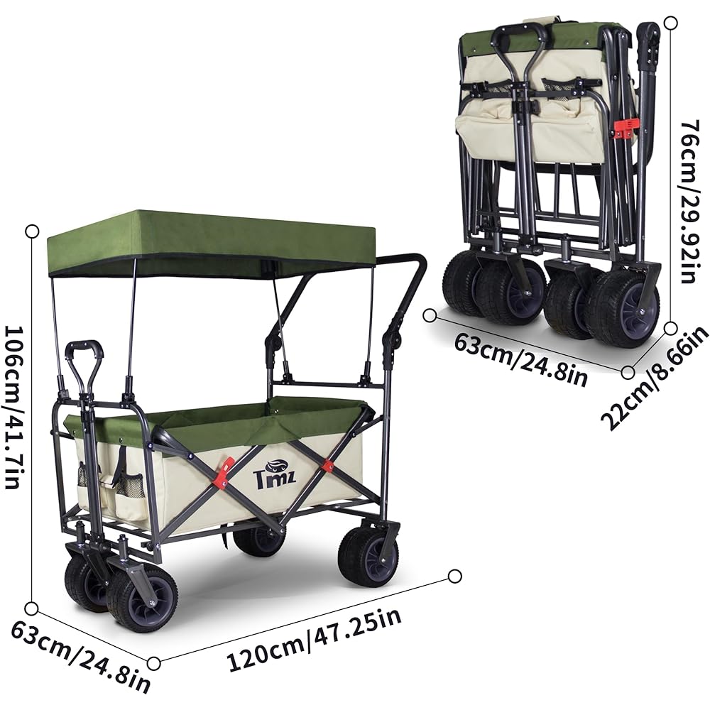TMZ Outdoor Carry Cart, Foldable Outdoor Wagon with Roof, Large Capacity, Load Capacity 120kg, No Assembly Required, Wild Multi-Carry (Cream Color)