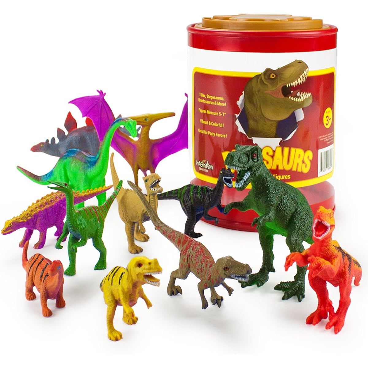 Set of 12 Large 7 Dinosaur Assortment with Plastic Storage Drum by Imagination Generation