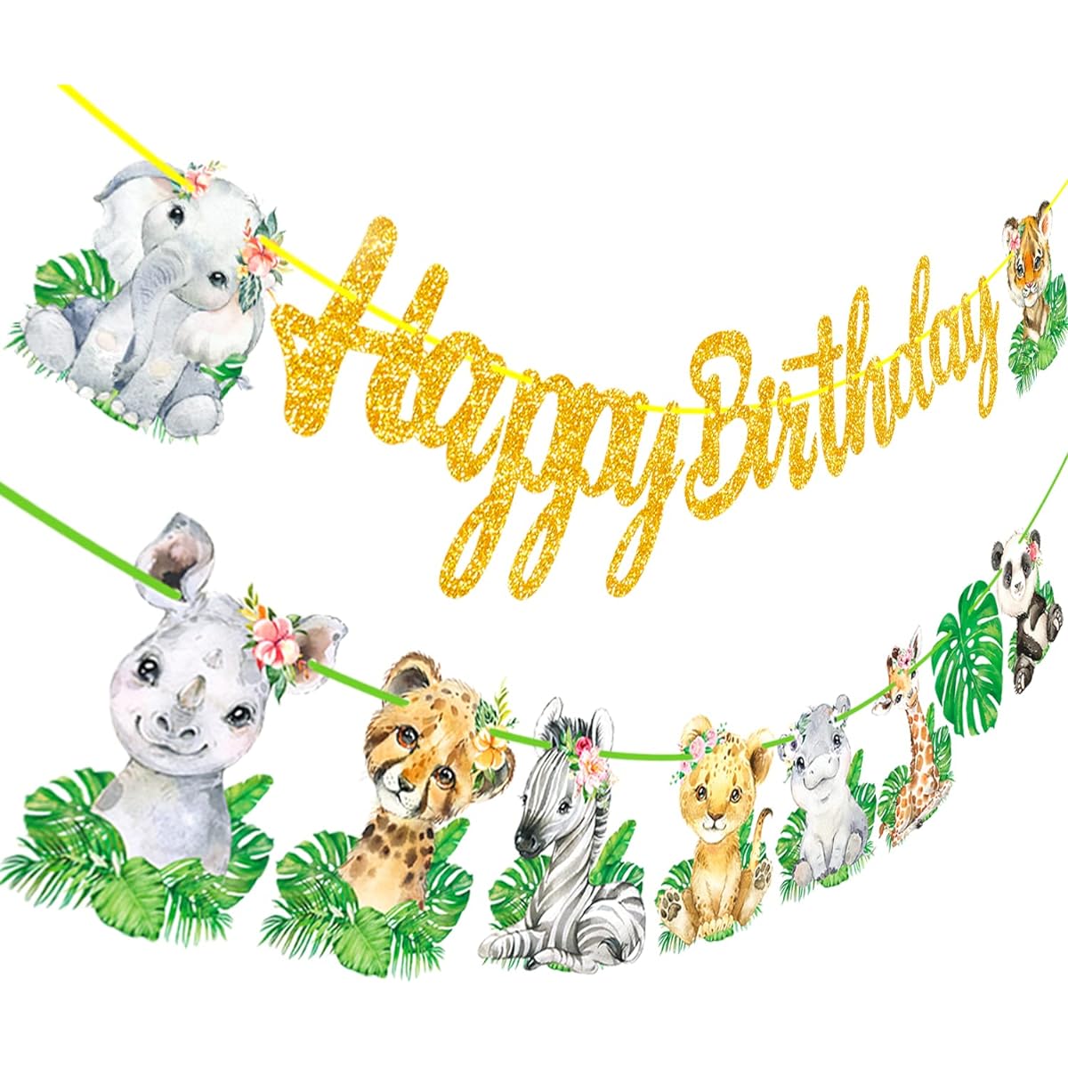 Safari Animal Happy Birthday Banner Jungle Animal Party Decorations 2pcs Safari Jungle Animal Hanging Cutout Banner Safari Animal Garland Wild One Baby Shower Supplies