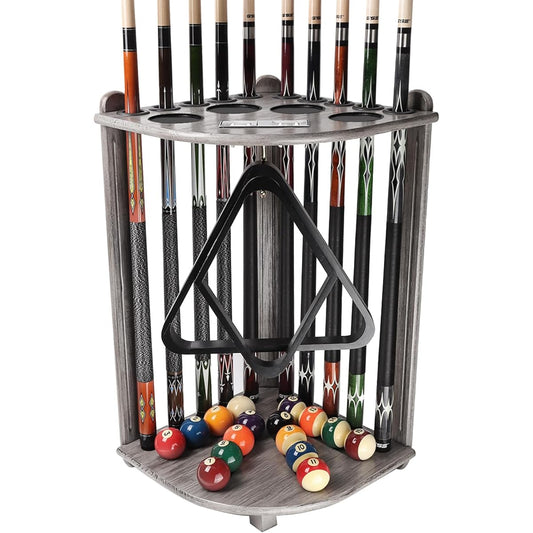 GSE Billiard Pool Stick Holder Only Corner Style Floor Stand Billiard Pool Cue Rack with Score Counter Wooden Cue Rack Holds 10 Cue Sticks, 2 Ball Racks and Full Set of Balls (Matte Gray)