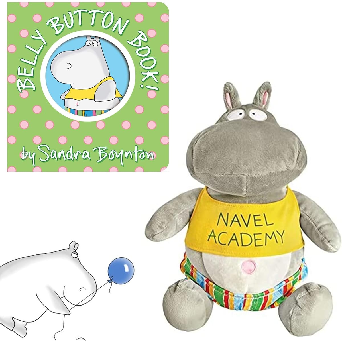 Sandra Boynton Board Book and Plush Gift Set - Belly Button Book Board Book, MerryMakers Hippo Plush and We 3 Books Art 5.5x3.3 Inch and Gift - Book Bag