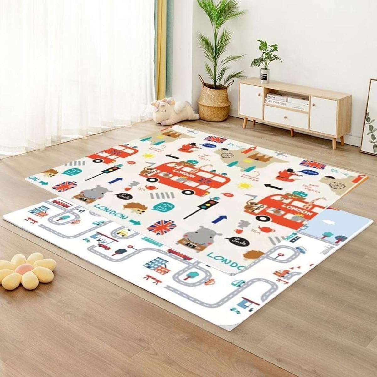 Play mat 200*180*1.5cm Kids play mat Easy to clean Learning Play Cute Foldable Double-sided use Safe Non-toxic Tasteless Baby gift Play mat Baby Thin Shock absorbing Fall prevention Waterproof Soundproof Room mat Floor mat Nap mat Gift D