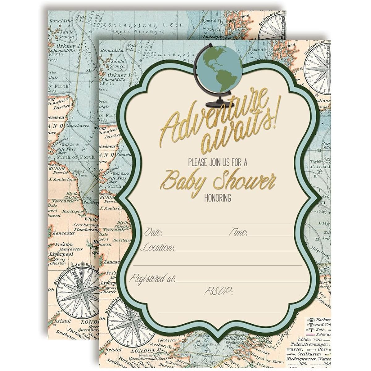 Adventure Awaits World Traveler Gender Neutral Baby Shower Invitations, 5"x7" Fill In Cards with 10 White Envelopes by AmandaCreation