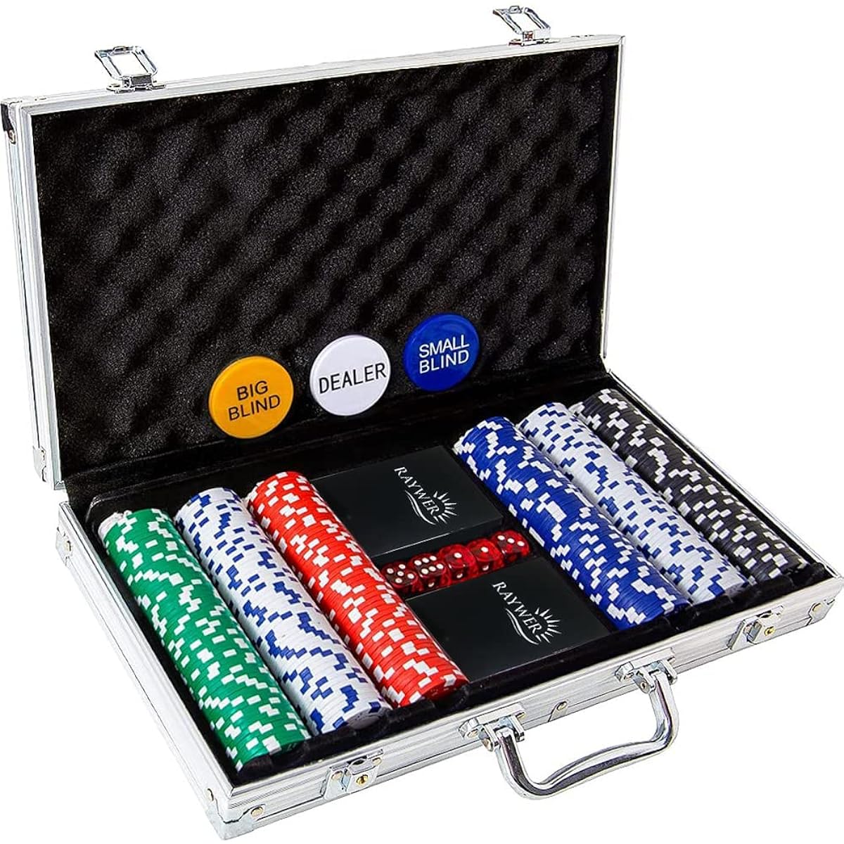 RAYWER 300 Piece Casino Chip Poker Set with Aluminum Case (11.5 Gram Chips), 2 Decks of Cards, 5 Dice, 3 Buttons for Texas Hold'em Blackjack
