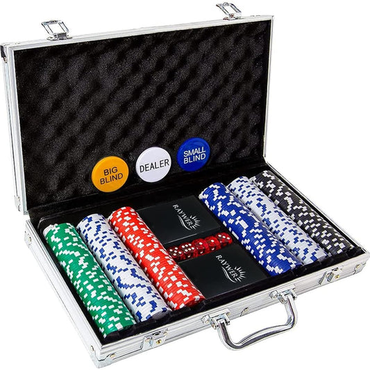 RAYWER 300 Piece Casino Chip Poker Set with Aluminum Case (11.5 Gram Chips), 2 Decks of Cards, 5 Dice, 3 Buttons for Texas Hold'em Blackjack