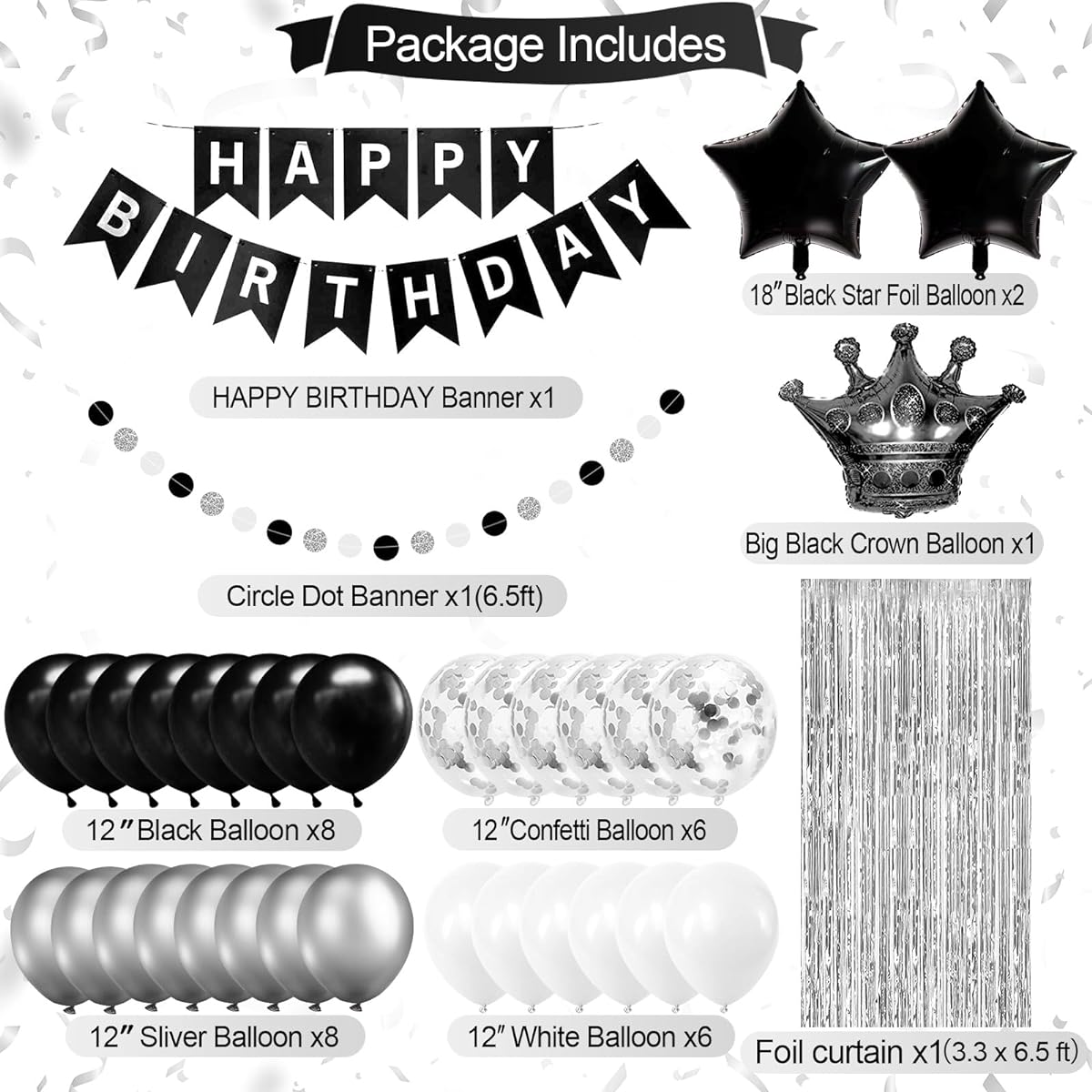 Black and Silver Birthday Party Decorations for Men Women Boys Girls Happy Birthday Banner Balloons Foil Fringe Curtains Black & White Party Decorations