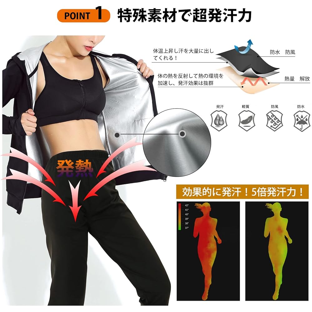 [SURENOW] Women's Sauna Suit, Diet, Top and Bottom Set, Sportswear, Running Wear, 2-Piece Set, Washable, Heavy Sweating, Weight Loss, Walking, Fat Burning