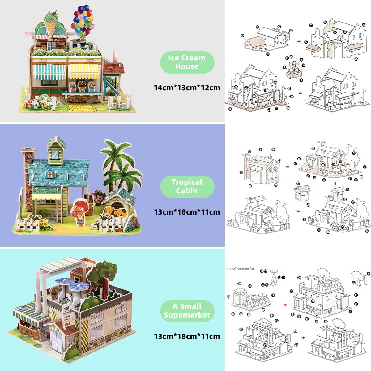 KEENTAME 3D Puzzle Gift Set for Kids DIY Jigsaw Puzzle Paper and EPS Foam Board for Adults Fun and Creative DIY Model Building Kits for Girls and Boys (House Series (12 Sets))