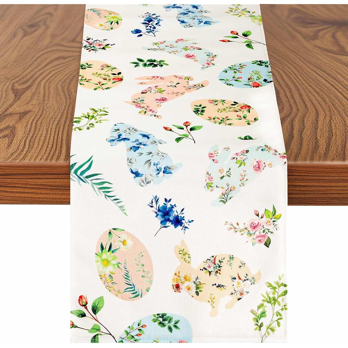 Easter Table Runner 13 x 72 Inch Happy Easter Rabbit Bunny Egg Floral Linen Table Runner Spring Summer Seasonal Holiday Kitchen Dining Table Decor Indoor Outdoor Home Party Decor