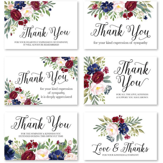24 Navy Burgundy Floral Sympathy Cards with Envelopes for Funerals Thank You Cards and Message Stationery - Customizable