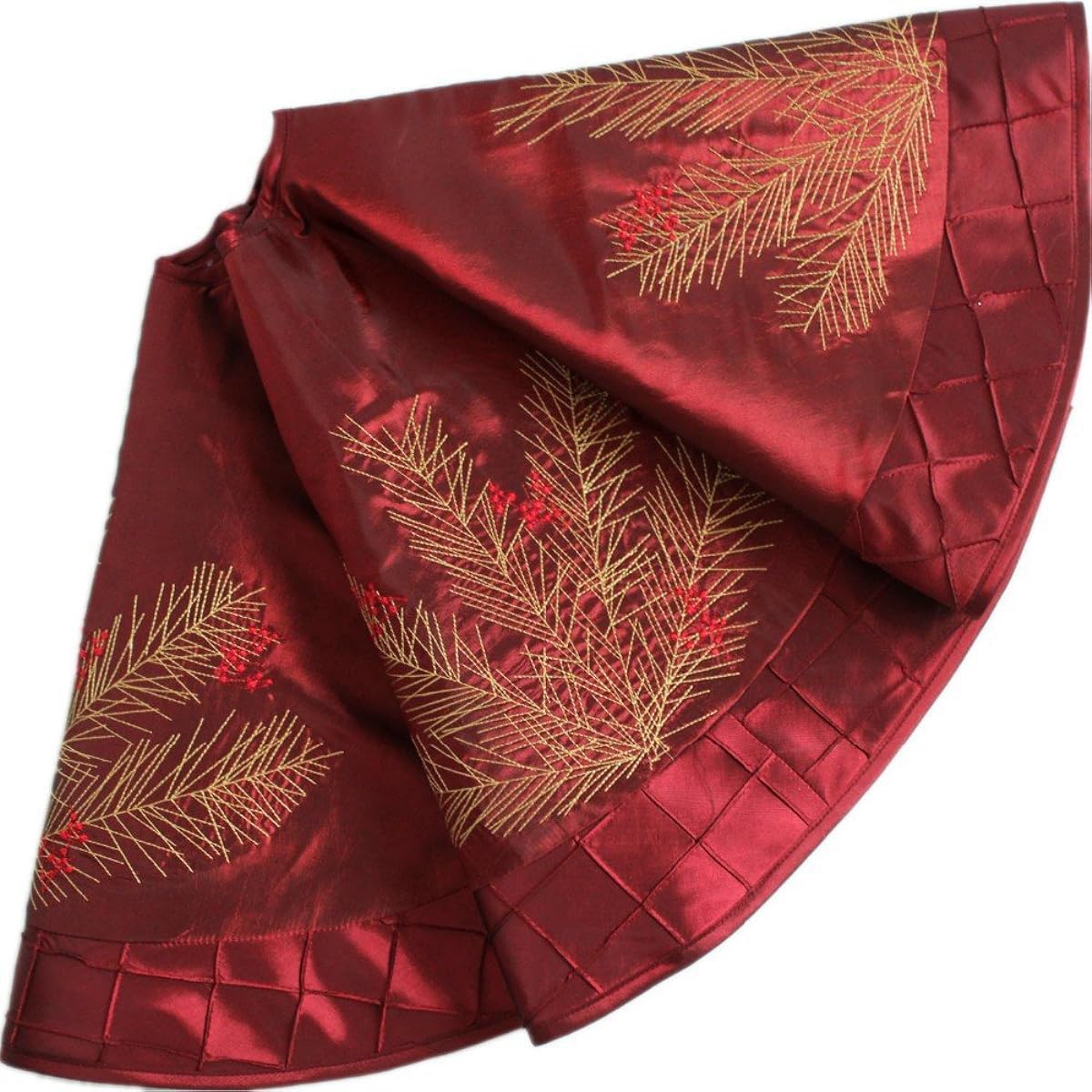SORRENTO Deluxe Pine Branch and Cherry Embroidery Border with Pintucks, XL, Christmas Tree Skirt 50 Inch
