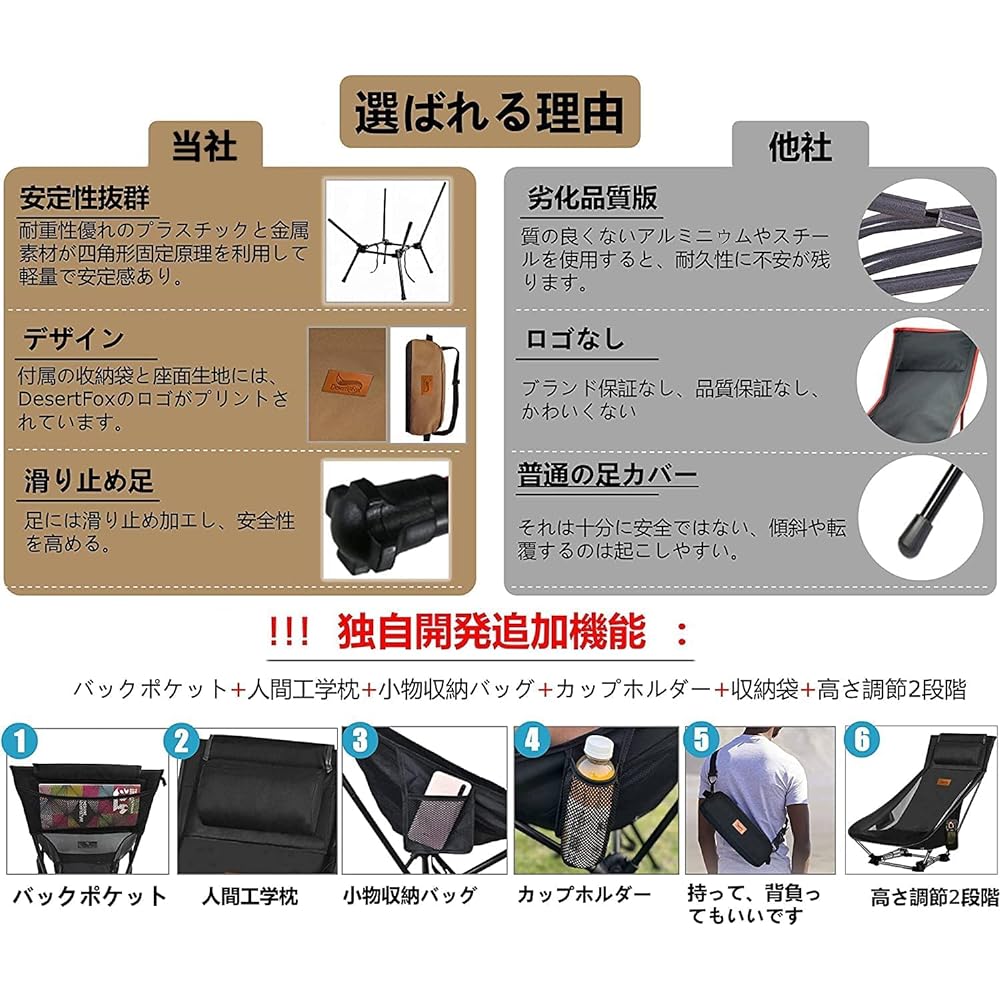 Outdoor Chair 2WAY Grand Low Chair Camping Chair Low Chair Grand Chair Lightweight with Pillow [High Back] [Uniquely Developed Cup Holder] With Pocket Load Capacity 150kg Compact Chair Chair Low Type Storage Bag Included Convenient for Fishing, Climbing,