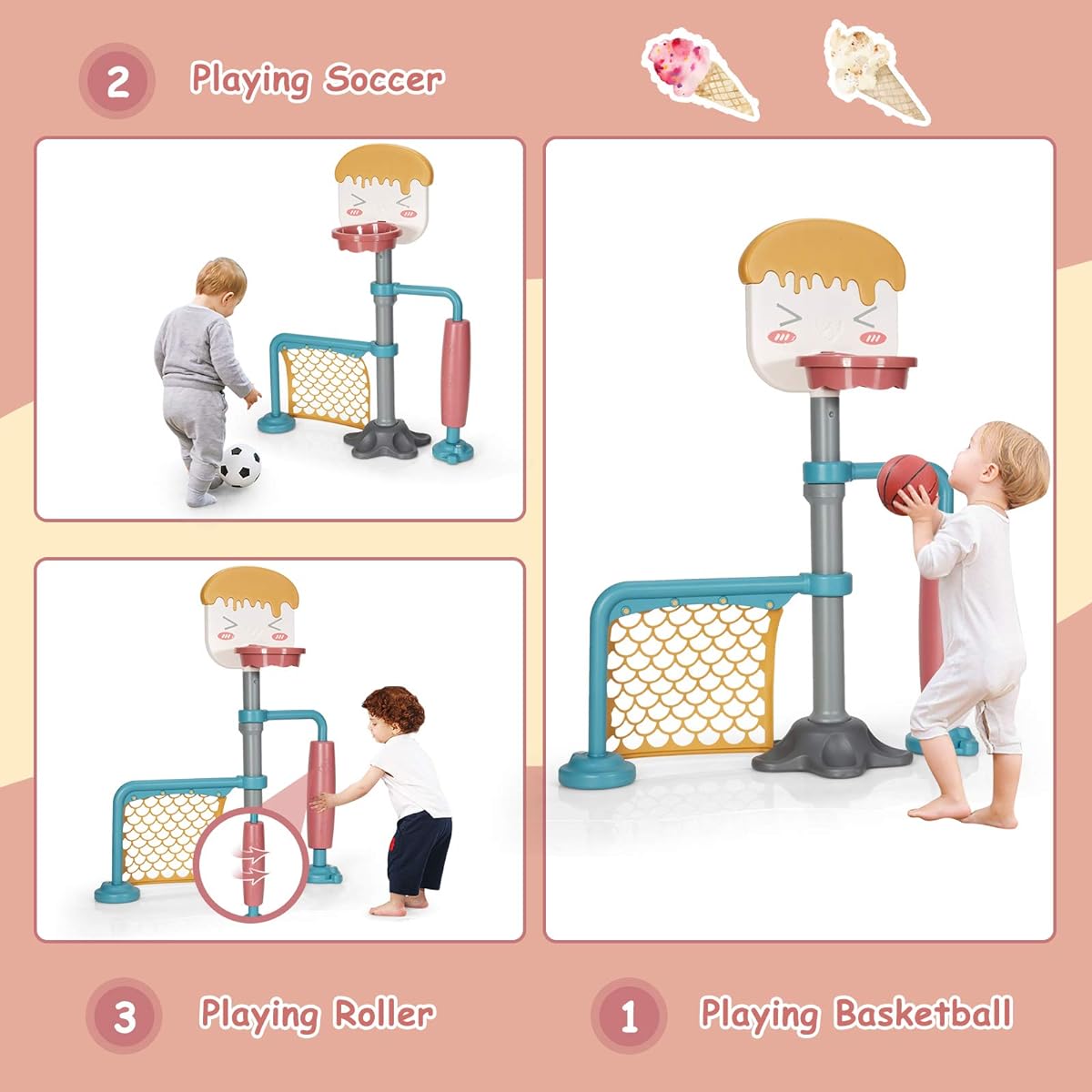 Costzon 3-in-1 Toddler Basketball Hoop & Soccer Goal Stand, Adjustable Height, Indoor & Outdoor Activity Center, Basketball & Soccer for Kids