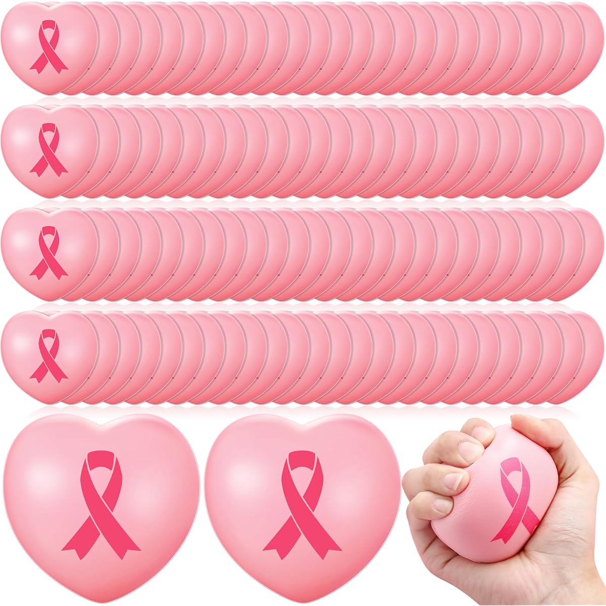 Wettarn Breast Cancer Awareness Pink Ribbon Stress Balls Heart Shaped Bulk Breast Awareness Accessories Gifts Party Favors Decorations for Charity Public Social Events Welfare 100pcs