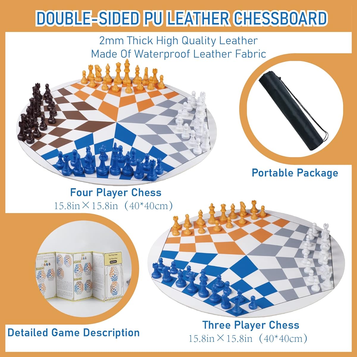 3 or 4 Player Chess Set: Leather Game Mat + 4 Packs of Pieces (64 Pieces) + 1 Game Manual + Drawstring Storage Bag Strategy Chess Game for 2-4 Players