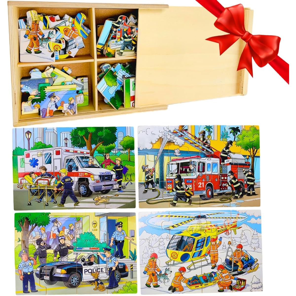 TOYLI 4-in-1 Emergency Vehicle Jigsaw Puzzle, 48 Pieces Wooden Truck Puzzle for Little Kids with Box, Fire Engine, Ambulance, Develop Preschool Educational Activity Skills, Great Gift for Toddlers