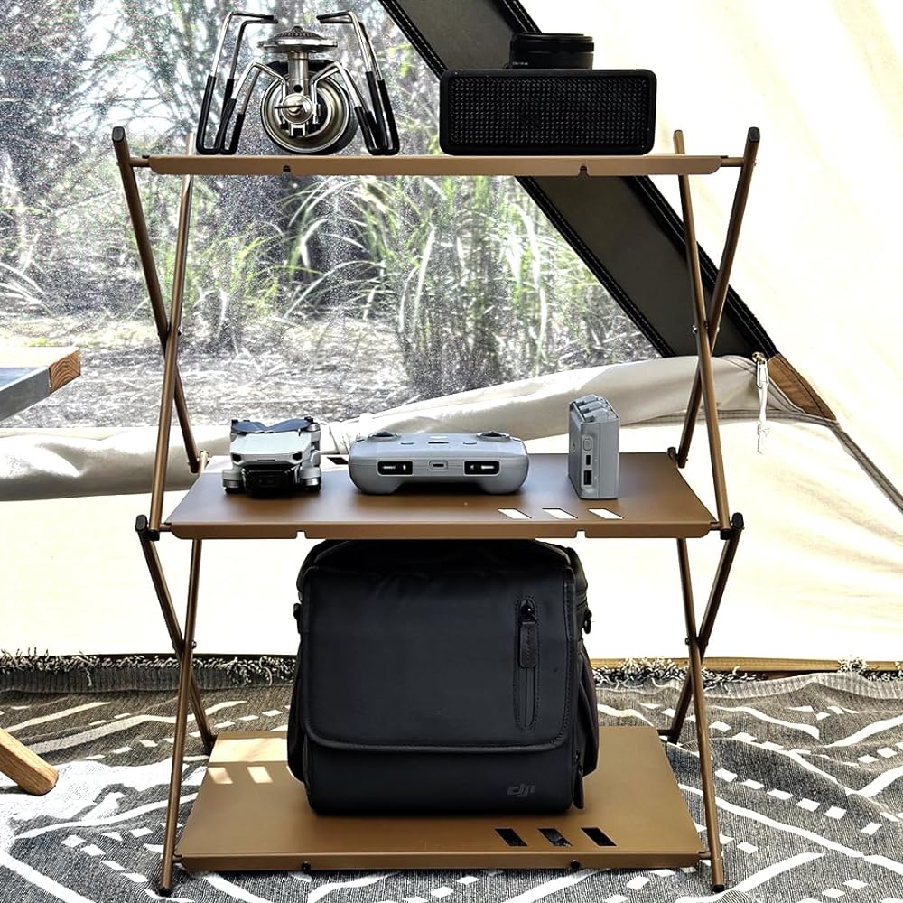 AIHIKONG 3-Tier Folding Rack Outdoor Table, Lightweight, Foldable, 3-Tier Rack, Made of Aluminum, Compact Outdoor Solo Camping Rack BBQ, Storage Bag Included (1 Rack Set/3 Dedicated Half Top Boards/Bag, Khaki)