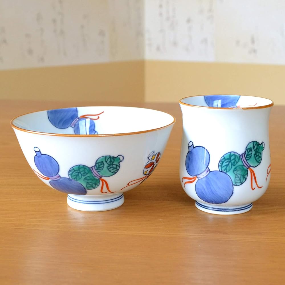 Rice life celebration, lucky charm gift for good health, Arita ware teacup, tea bowl, rice bowl set, Nabeshima six gourds, blue, with noshi and message card, in wooden box