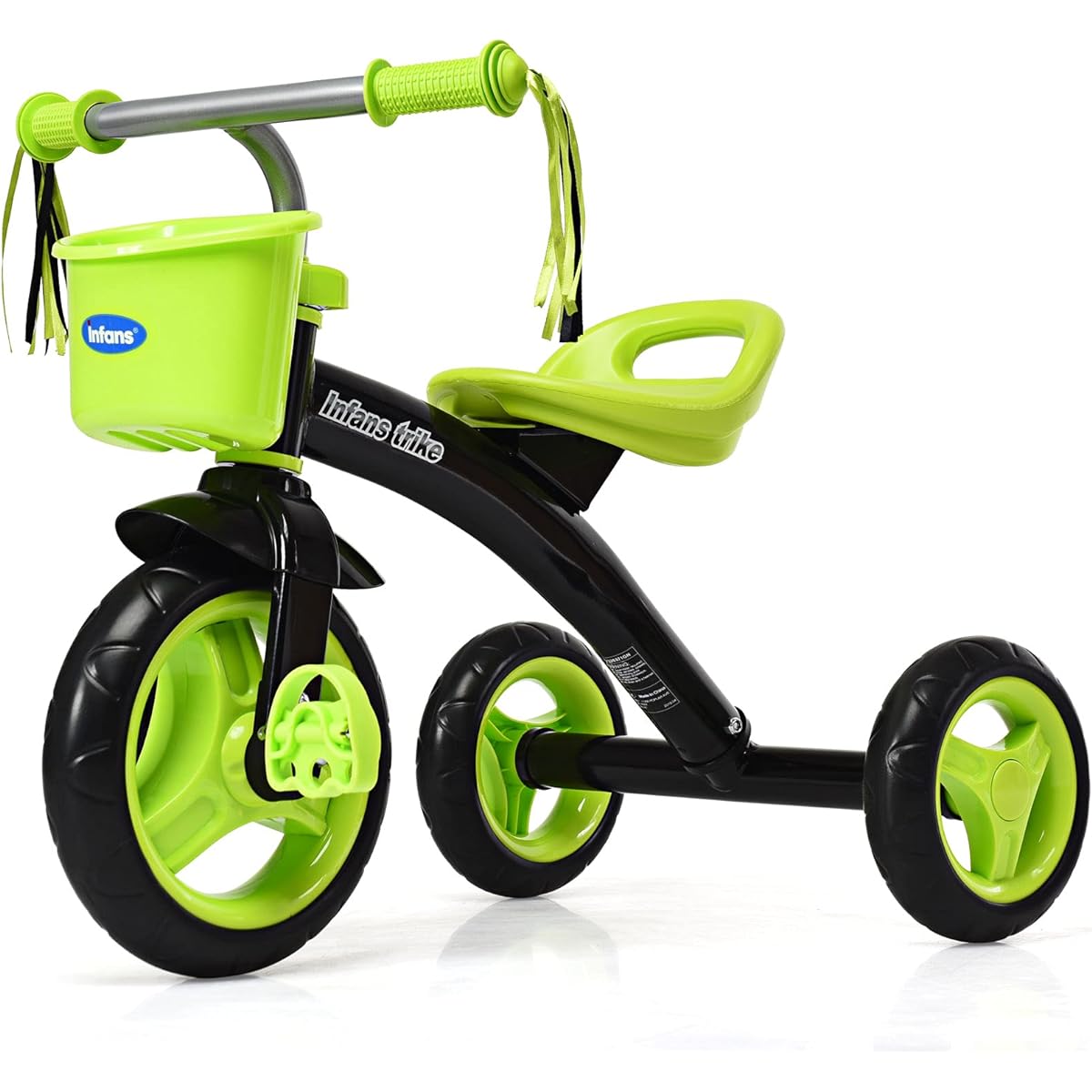 INFANS Kids Tricycle Rider with Adjustable Seat, Storage Basket, Premium Quiet Wheels, Non-Slip Handles (Green)